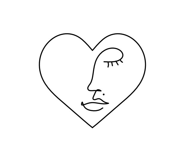 女人剪影的脸在形状的心像线画在白色上图片下载