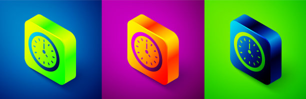 等距时钟图标隔离在蓝色紫色和图片下载