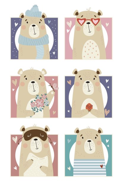 还有可爱的小熊。动物穿着不同的衣服，带着不同的物品。在明亮的装饰背景上平面风格的矢量插图图片下载
