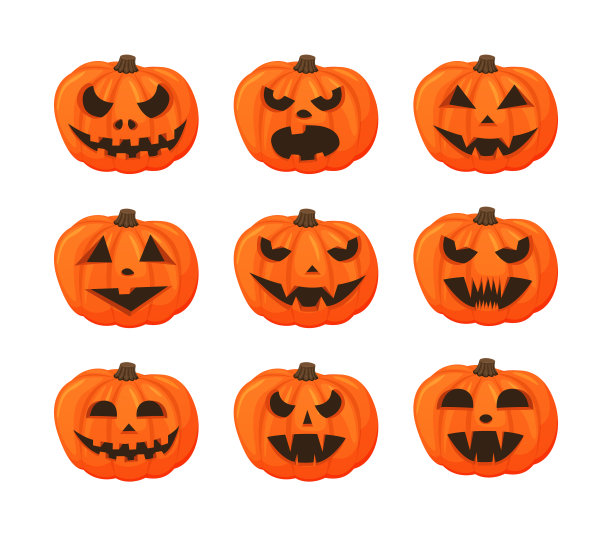 设定卡通万圣节南瓜。橙色的南瓜雕刻着可怕的微笑可爱的发光的脸。装饰葫芦菜或节日。矢量孤立插图上的白色背景。图片下载