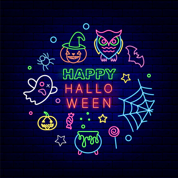 快乐万圣节圈布置霓虹灯传单。夜晚明亮的推广。可编辑的中风。孤立的矢量图图片下载