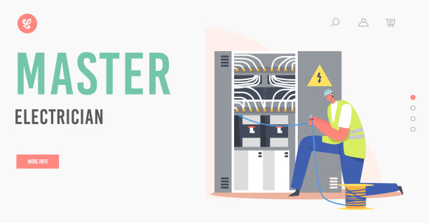 熟练的电工在仪表板着陆页模板切断电线。电气安全，在保险丝盒穿着长袍的工头角色图片下载