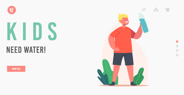 孩子们需要水着陆页面模板。小男孩性格与瓶子在手中享受新鲜的水。孩子喝图片下载