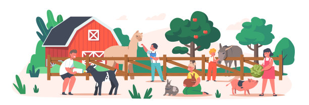 小孩子参观联系动物园。孩子喂养动物，蹒跚学步的角色爱抚羊驼，兔子，小猪和山羊图片下载