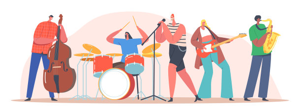舞台上的乐队。现场表演摇滚音乐会。艺术家人物与乐器唱摇滚歌曲图片下载