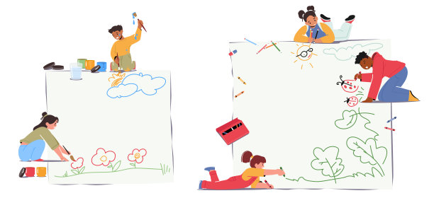 孩子绘画的概念。小男孩或女孩用画笔或彩色铅笔在纸上或沥青上画画图片下载