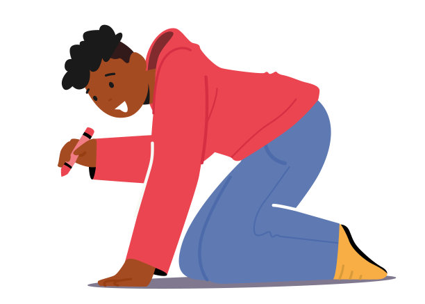 非洲男孩用蜡笔站在膝盖上在纸上或沥青上画画。儿童角色绘画娱乐图片下载