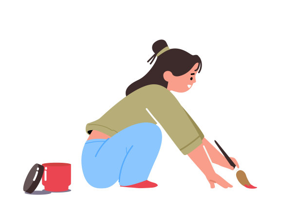 蹲女孩画画。儿童绘画概念与小孩子拿着油漆刷在纸上或沥青上创造图片图片下载