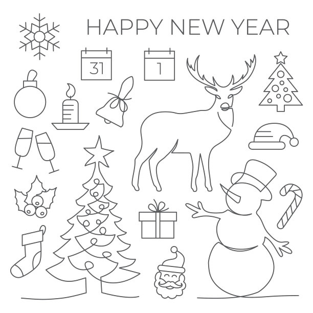 新年设置在白色背景的线条风格图片下载