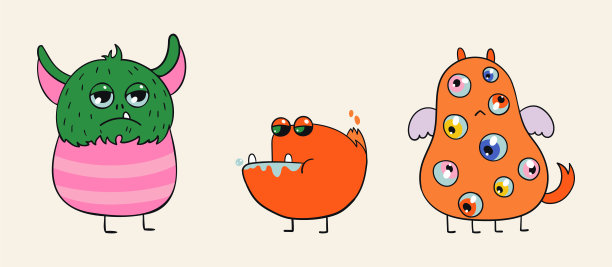 一套三张印有怪物的卡通贴纸。图片下载