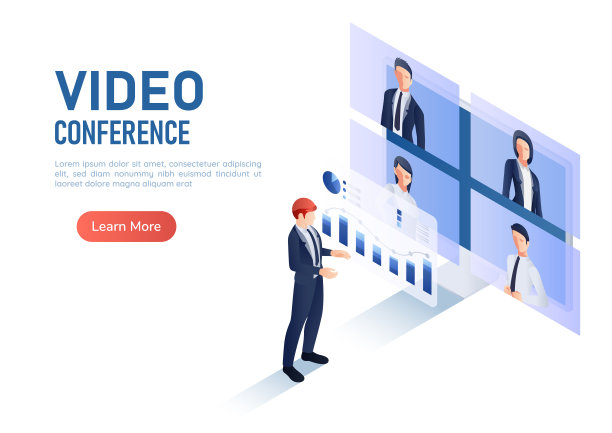 等距网络横幅商人讨论财务分析图表，同时视频会议图片下载
