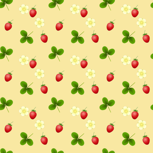 无缝的图案红色草莓和绿色的叶子和白色的花在米色的背景图片下载