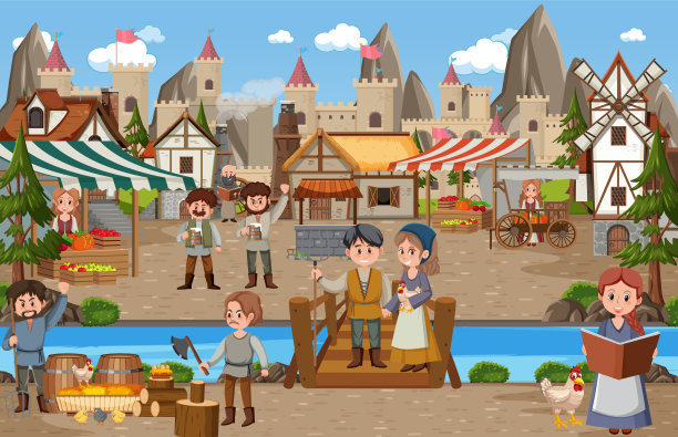 中世纪城镇的场景，村民们在市场上图片下载