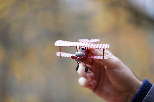 手里拿着一架红色的玩具飞机。节日的概念。手里拿着一架红色玩具飞机的女人，有着想要旅行的梦想图片下载
