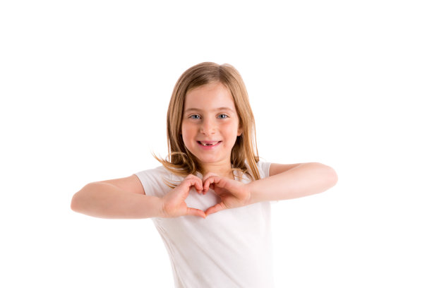 金发凹陷的小女孩灶台形状的手指微笑图片下载