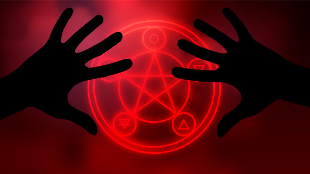 万圣节插图与五角星和手在红色背景装饰设计图片下载