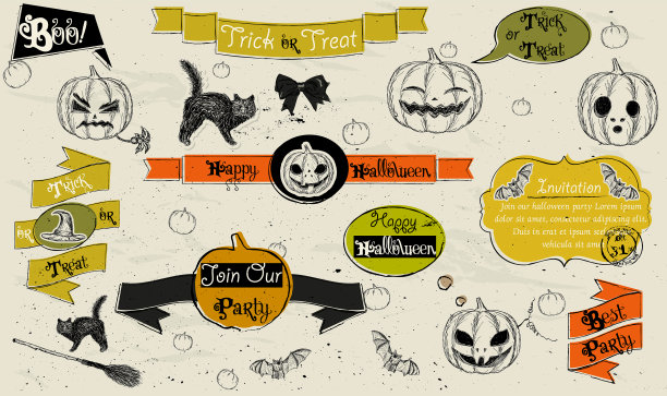 关于万圣节的复古设计元素图片下载