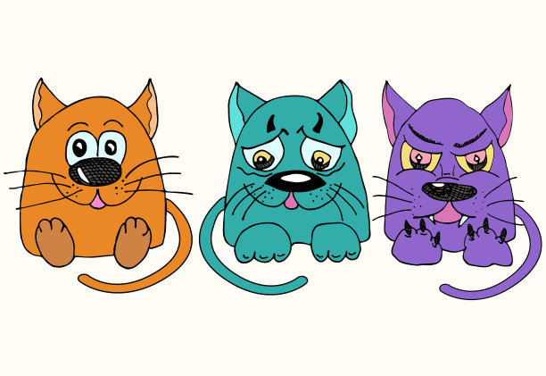 三只有趣的猫与不同的情绪卡通图片下载