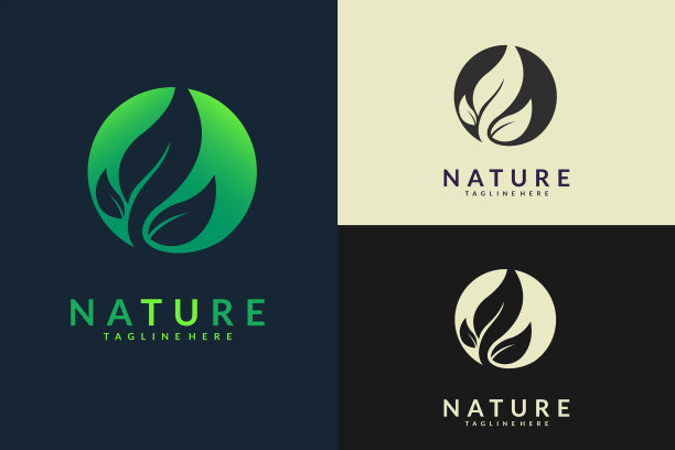 绿色的叶子标志设计孤立的圆圈在黑色图片下载