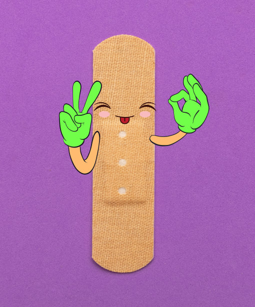 当代医学石膏艺术拼贴画与画的眼睛和卡通手孤立在紫色背景图片下载