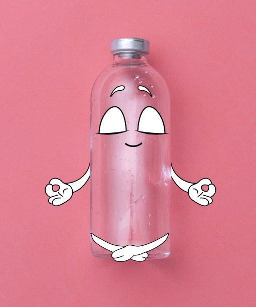 当代艺术拼贴滴管瓶与卡通画孤立在粉红色的背景图片下载