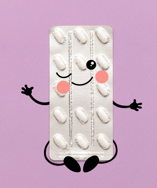 当代艺术拼贴药泡与绘图孤立在粉红色的背景图片下载