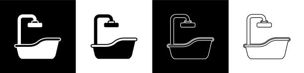 设置浴缸图标隔离在黑色和白色图片下载