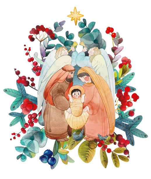 基督教圣诞节水彩画插图“耶稣诞生场景”:玛丽，约瑟夫，婴儿耶稣基督在马槽，天使和伯利恒之星在花卉框。圣诞节的问候图片下载