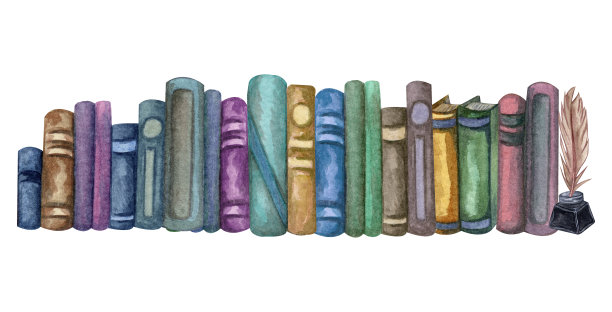 一堆水彩画的学校书籍，教育艺术图书馆，书架手绘插图。框架与书籍。边境。图片下载