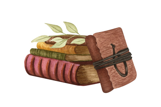 一堆水彩画的学校书籍，教育艺术图书馆，书架手绘插图。框架与书籍。边境。图片下载