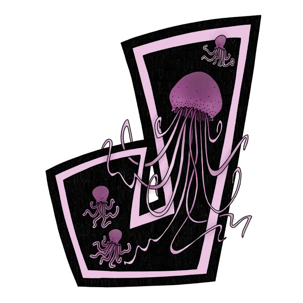 字母J是字母创意字体的一部分。黑白字母和抽象的粉红色翱翔的水母。为设计，网页，室内，海报，印刷，印刷的手绘字母插图。图片下载