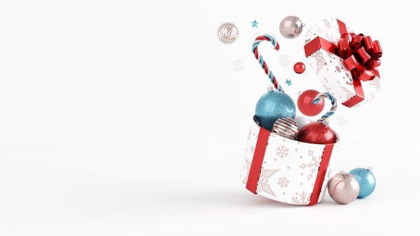 3D圣诞节彩色饰品，球和糖果手杖掉出白色的礼盒与红色蝴蝶结孤立在白色背景。空白的文本- 3D插图图片下载