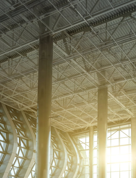 机场的天花板——现代建筑。金属屋顶框架与金属柱，现代商场建筑的采光通风系统图片下载