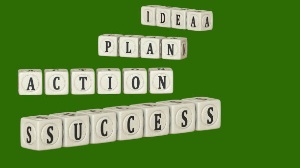 “想法”、“计划”、“行动”和“成功”的立方体以中性绿色为背景，按步骤排列。3 d渲染。设计的空白。布局。图片下载