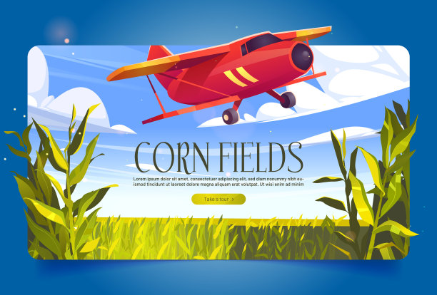 玉米田上挂着植物和红色飞机的横幅图片下载
