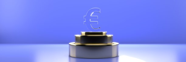蓝色背景上的欧洲货币的玻璃符号。三维可视化图片下载