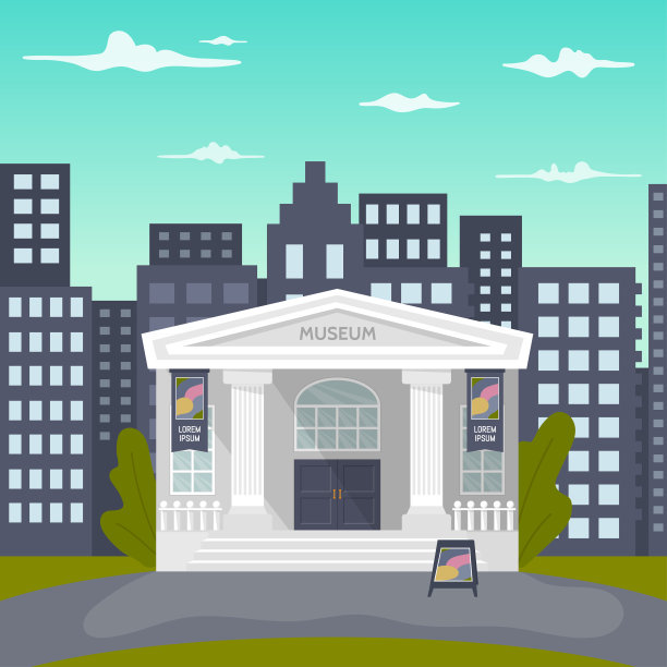 博物馆建筑的卡通插图，以名字、圆柱和城市为背景图片下载