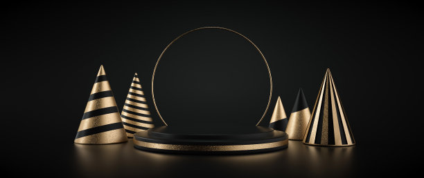现代黑色和金色的基座舞台与圣诞树。空间背景。新年概念- 3D插图图片下载