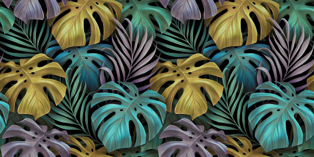 热带豪华异域无缝模式与彩色蜡笔怪兽叶，棕榈叶。图片下载