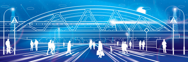 铁路桥梁轮廓。火车。现代的霓虹灯。人们在夜间的街道上行走。城市基础设施和交通图解。城市场景。矢量设计艺术。白色线条在彩色背景上图片下载