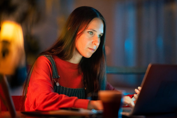 女人晚上在家的客厅里理财图片下载