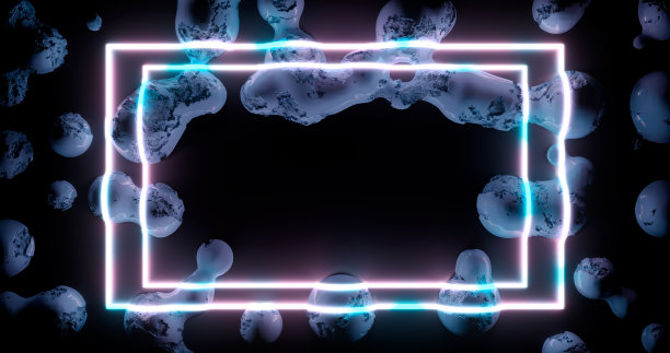 3 d渲染。霓虹灯框架照亮了部分损毁的石球。图形背景。图片下载