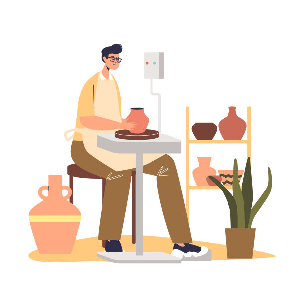 年轻的陶艺家在陶器上制作生粘土罐图片下载