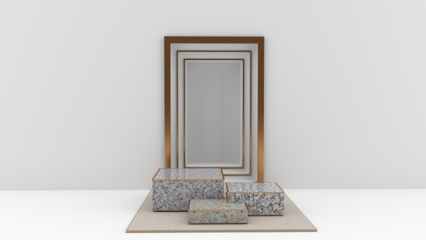 方形石座、金色边框、白色地板、白色墙壁与方形框架的3D渲染。金色边框可用于广告上孤立于白色背景、插图。图片下载