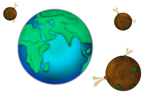 插图地球的行星和小行星在白色的背景。图片下载