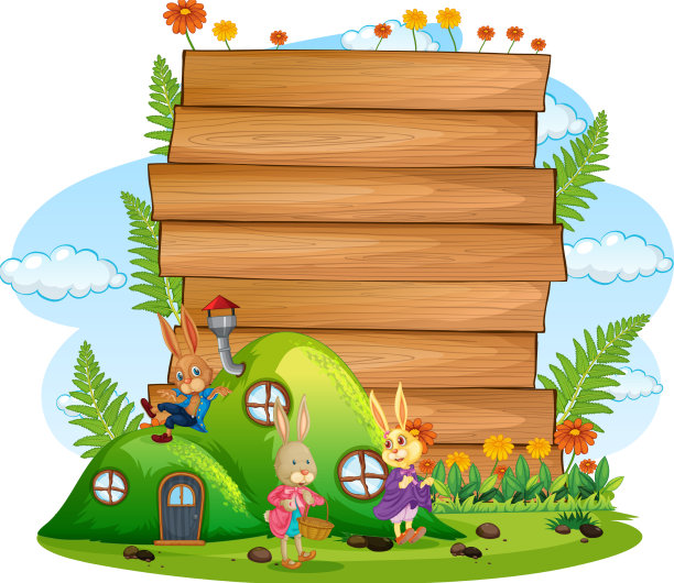 空白的横幅在花园与兔子一家图片下载