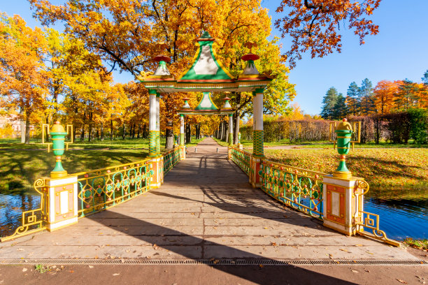 俄罗斯圣彼得堡，亚历山大公园秋叶中的中国桥图片下载