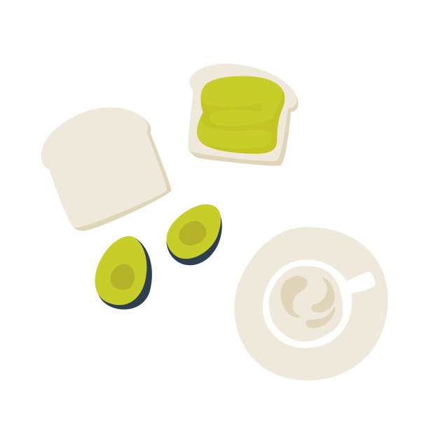 手绘牛油果吐司，牛油果切成两半，还有一杯拿铁咖啡。流行的鳄梨健康早餐和咖啡。图片下载