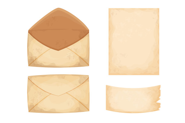 Set letter, envelope, paper and piece of羊皮纸Set letter, envelope, paper and piece of羊皮纸Set letter, envelope, paper and piece of羊皮纸Set letter, envelope, paper and piece of parchment复古收藏，旧信件。纹理和详细的剪贴画。矢量图图片下载