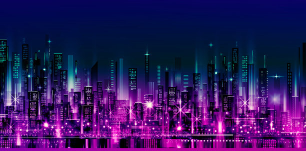 城市景观在黑暗的背景与明亮和发光的霓虹灯紫色和蓝色灯。图片下载